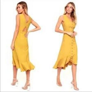 Lulu's Mustard Yellow Backless Button-Front Midi Dress
